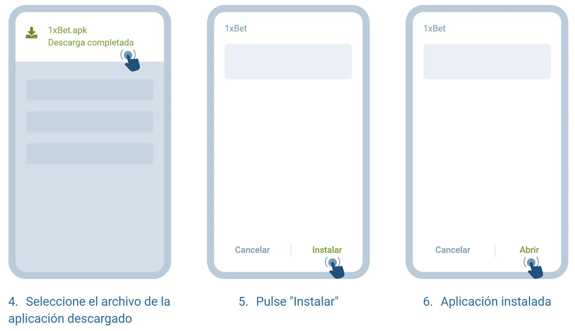 Aplicación 1xBet en Android. Pasos 4 a 6