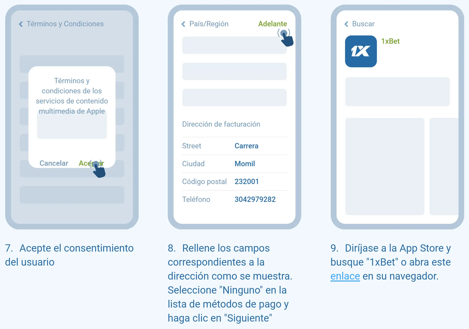 Aplicación 1xBet en iOS. Pasos 7 a 9