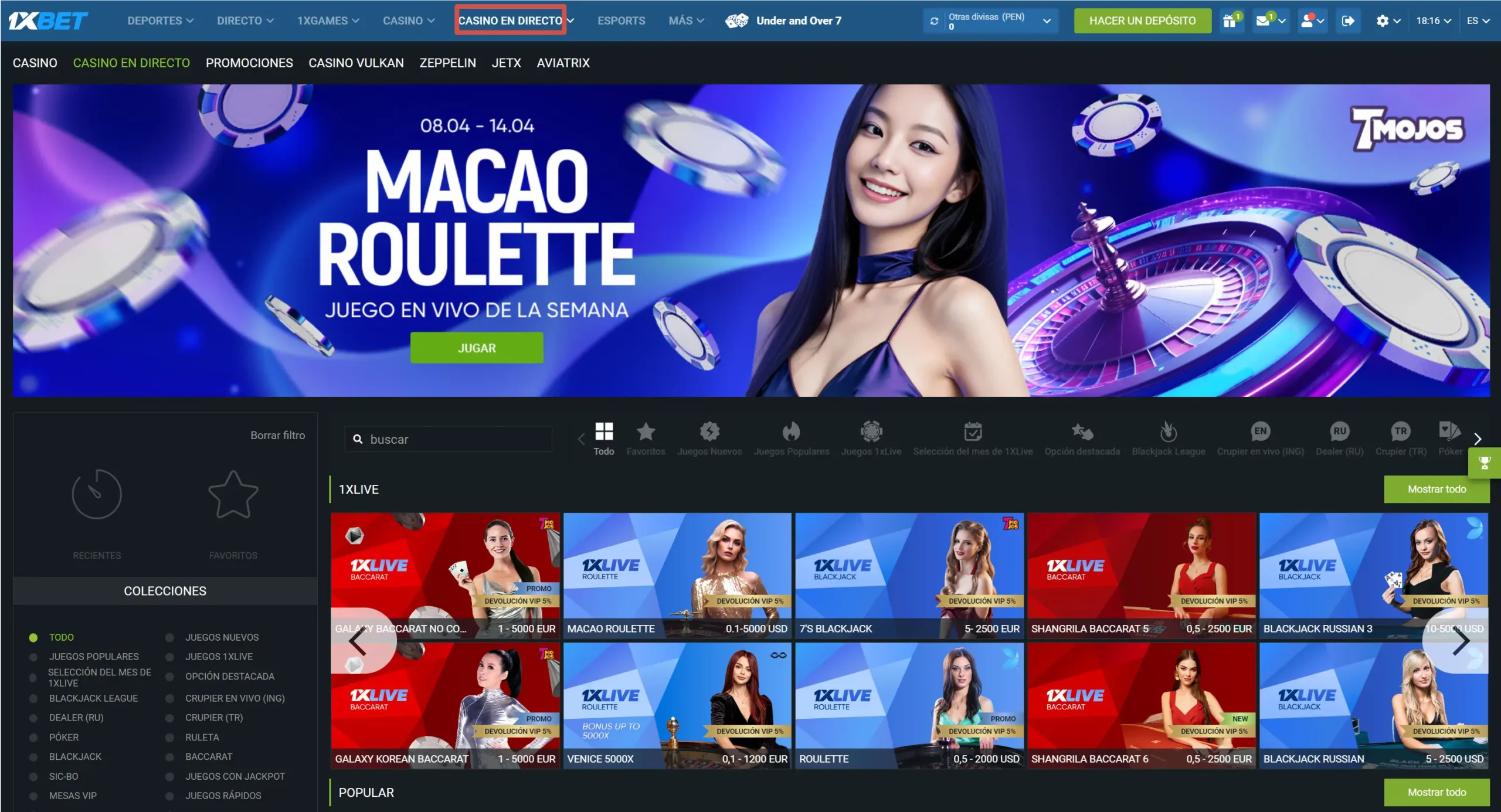 Casino en 1xBet con crupieres en directo