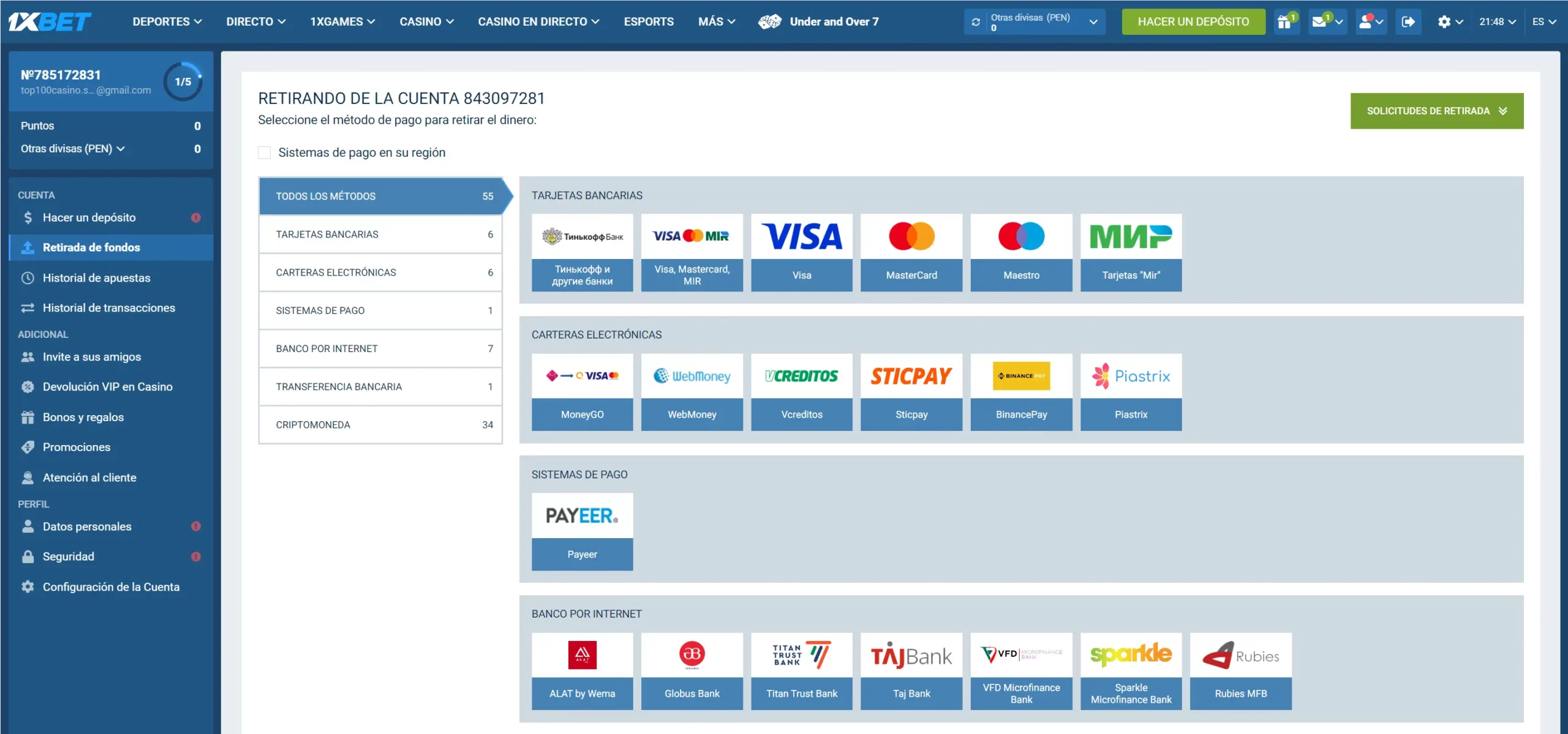 Métodos de retirada de 1xBet