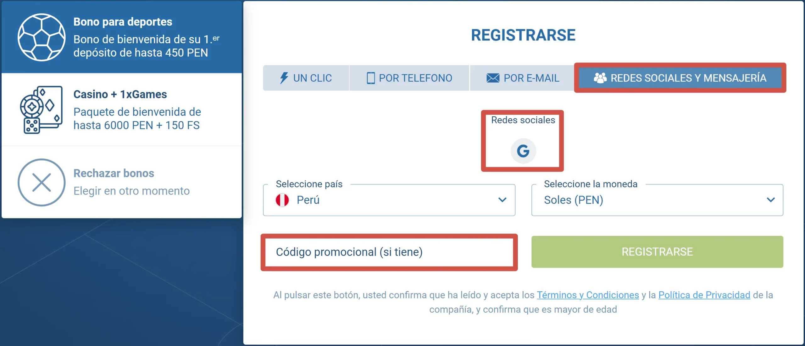 Registro a través de redes sociales en 1xBet
