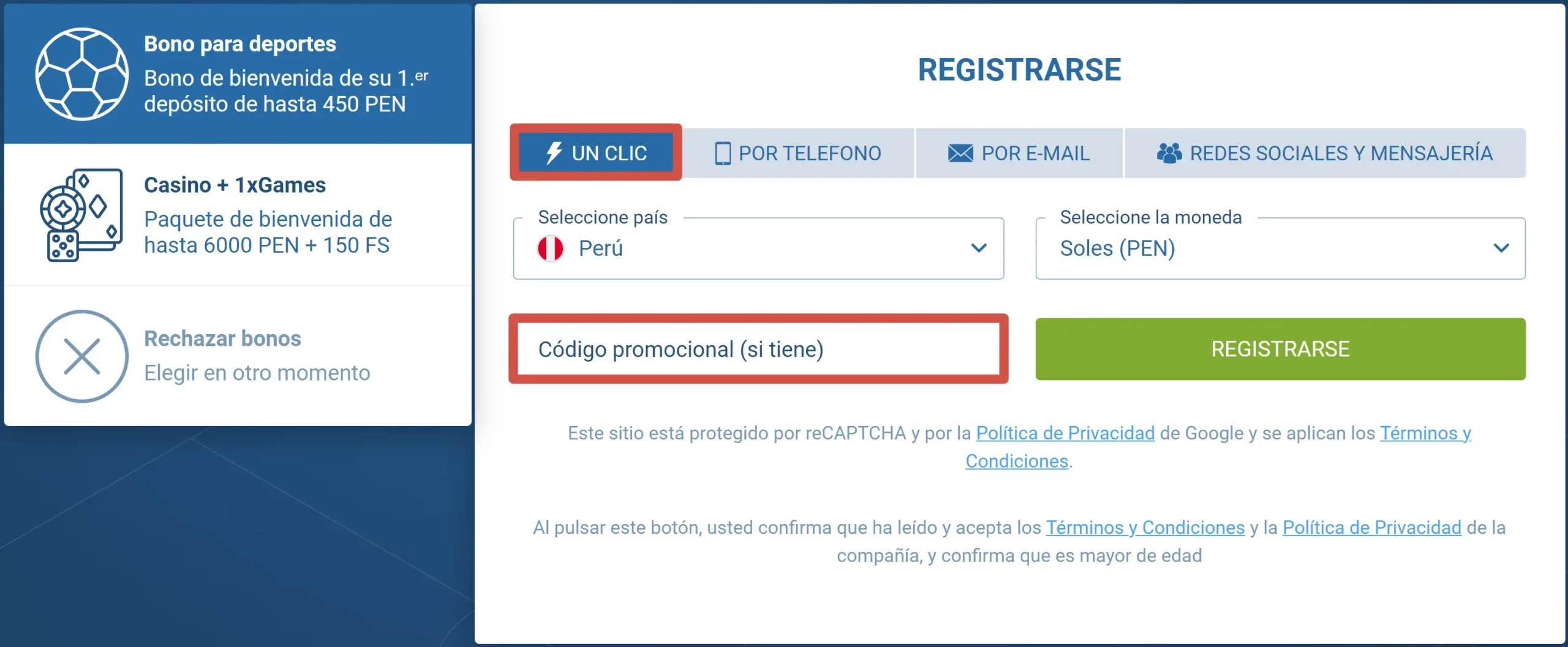 Registro con un clic en 1xBet
