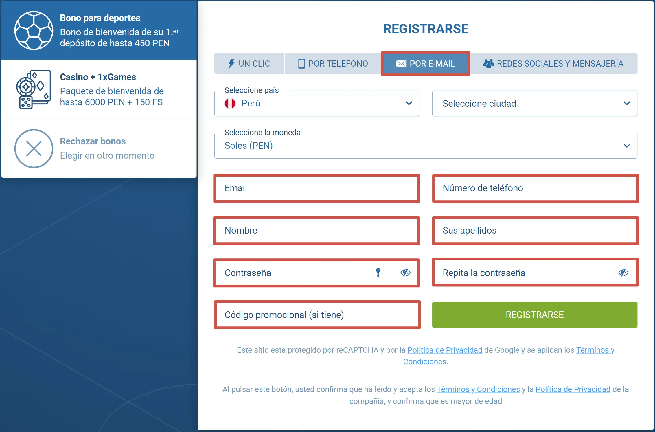 Registro por e-mail en 1xBet
