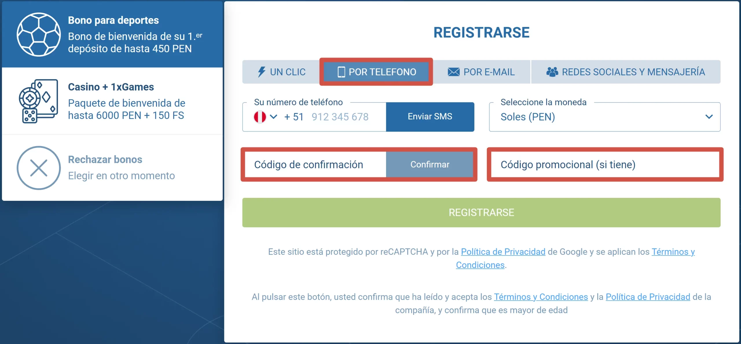 Registro por teléfono en 1xBet