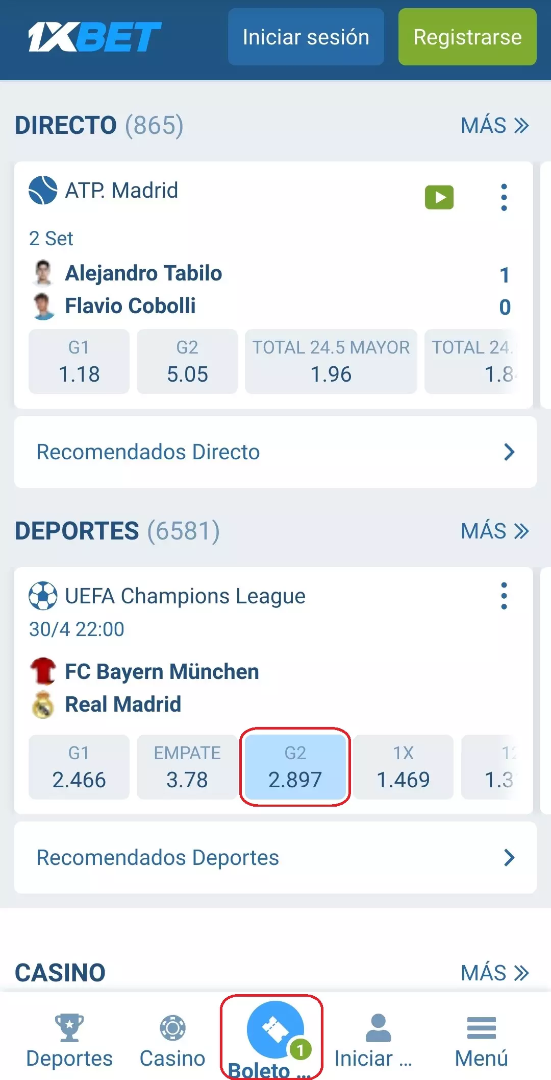 Apuestas deportivas en la aplicación 1xBet