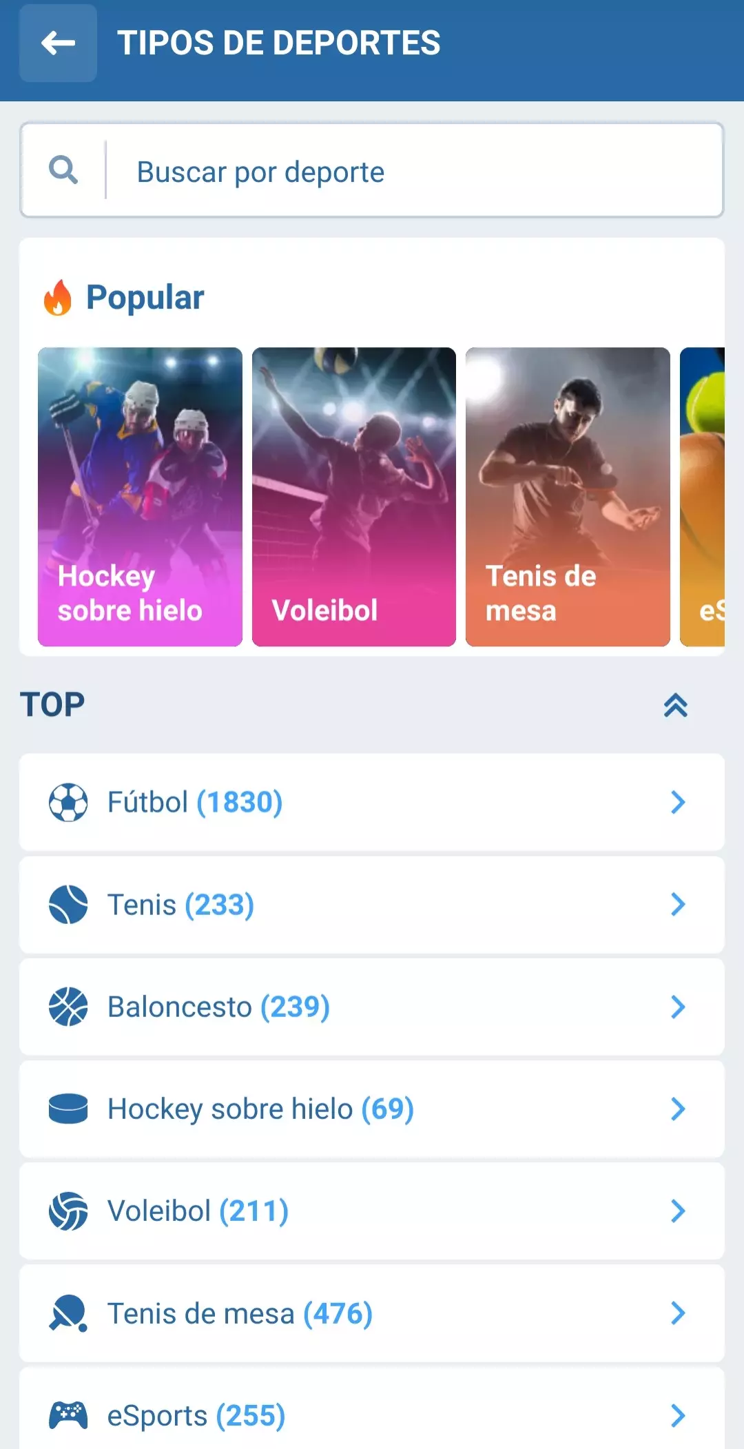 Disciplinas deportivas en la aplicación móvil 1xBet