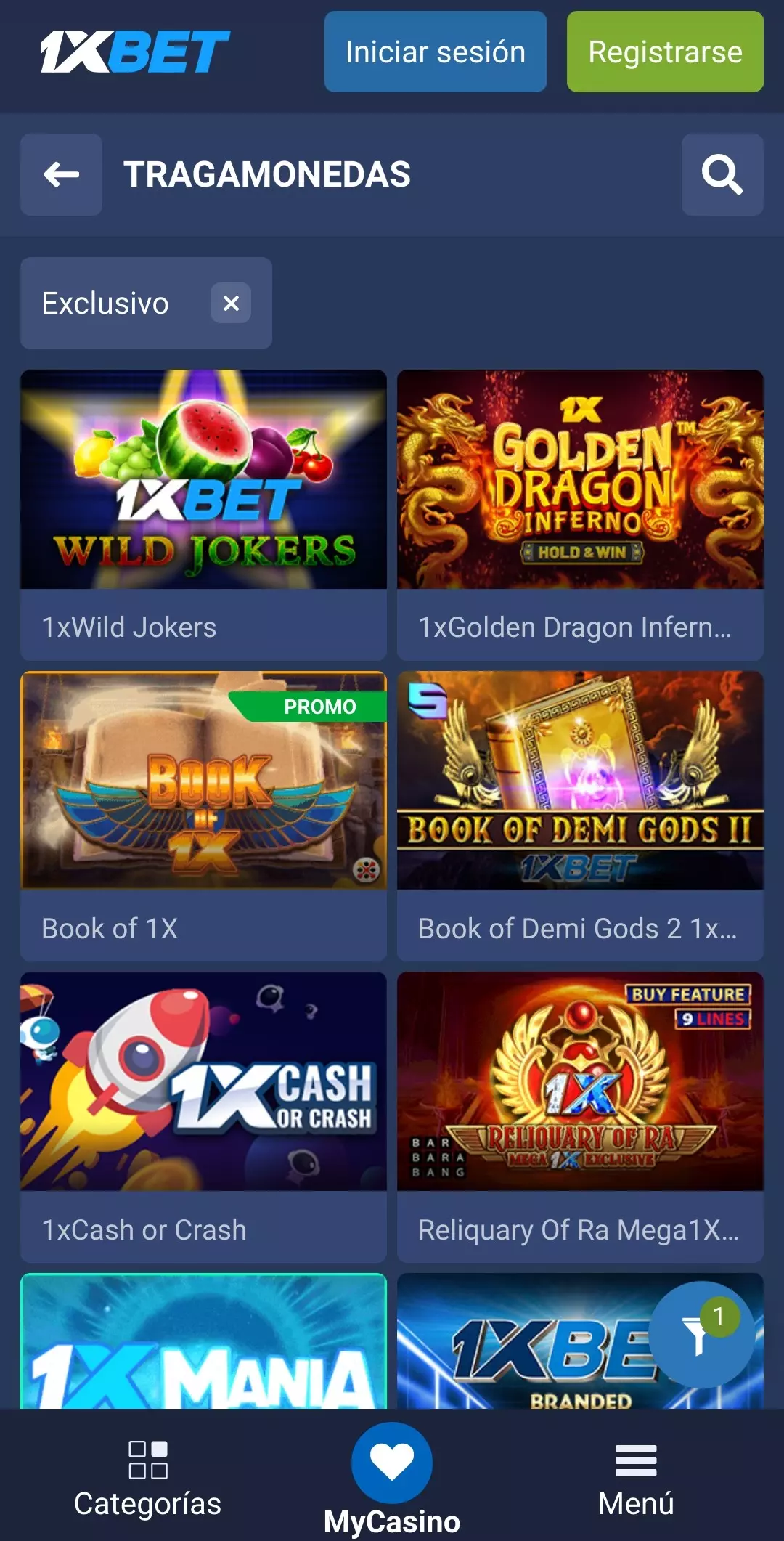 Tragaperras en la aplicación móvil 1xBet