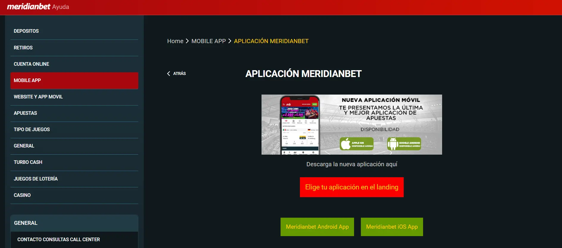 Aplicación móvil de Meridianbet