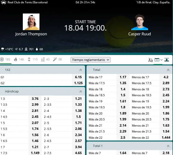 Apuestas de tenis en 22Bet