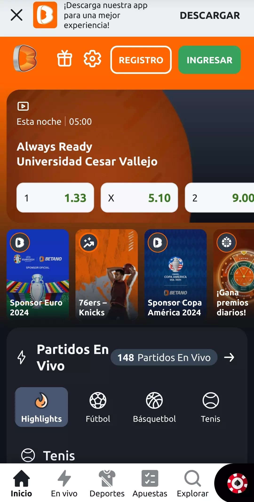 Apuestas deportivas disponibles en la aplicación Betano