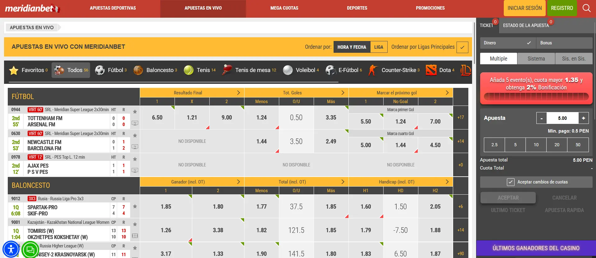 Apuestas en vivo Meridianbet
