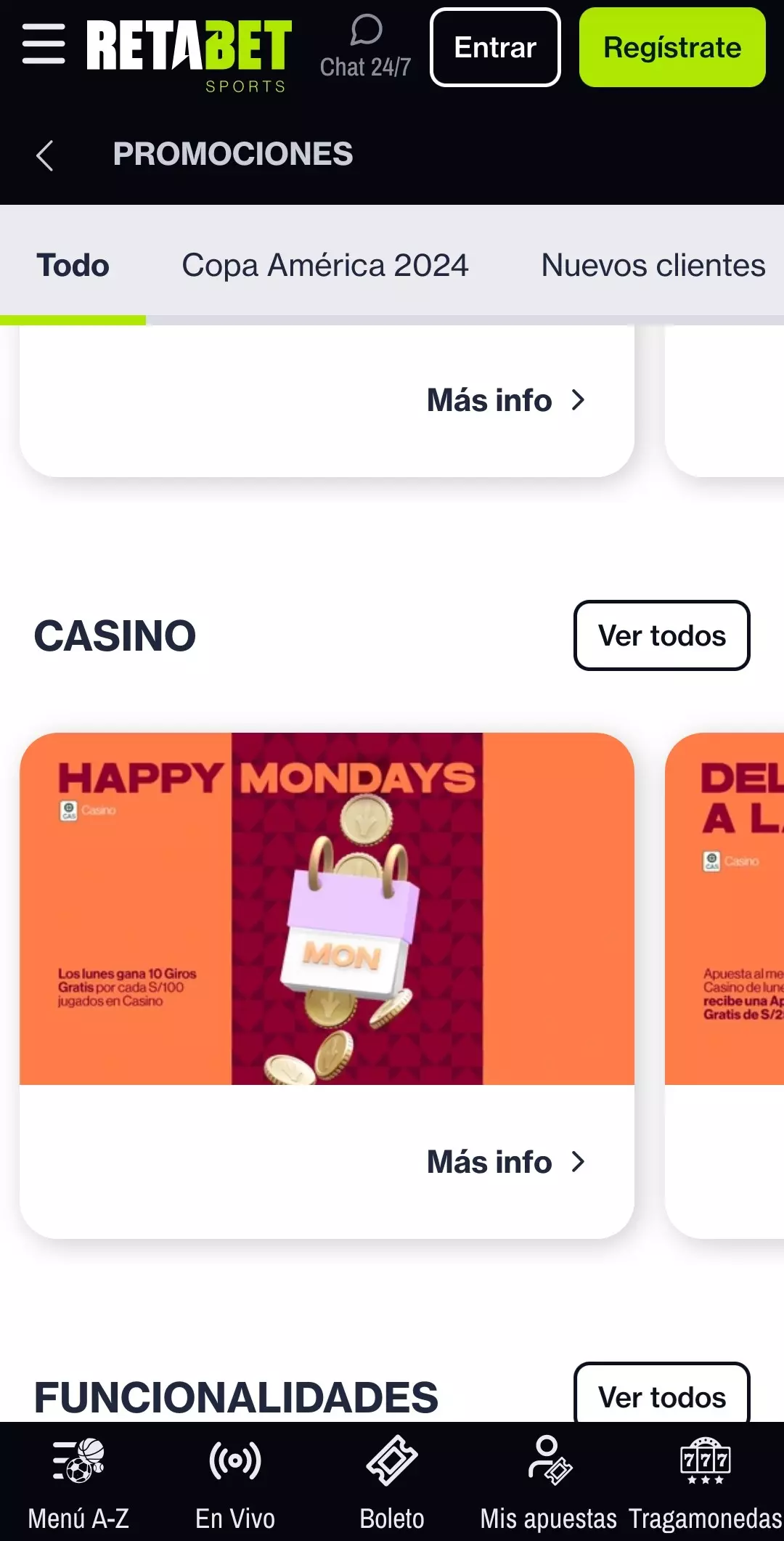 Bonificaciones disponibles en la aplicación Retabet