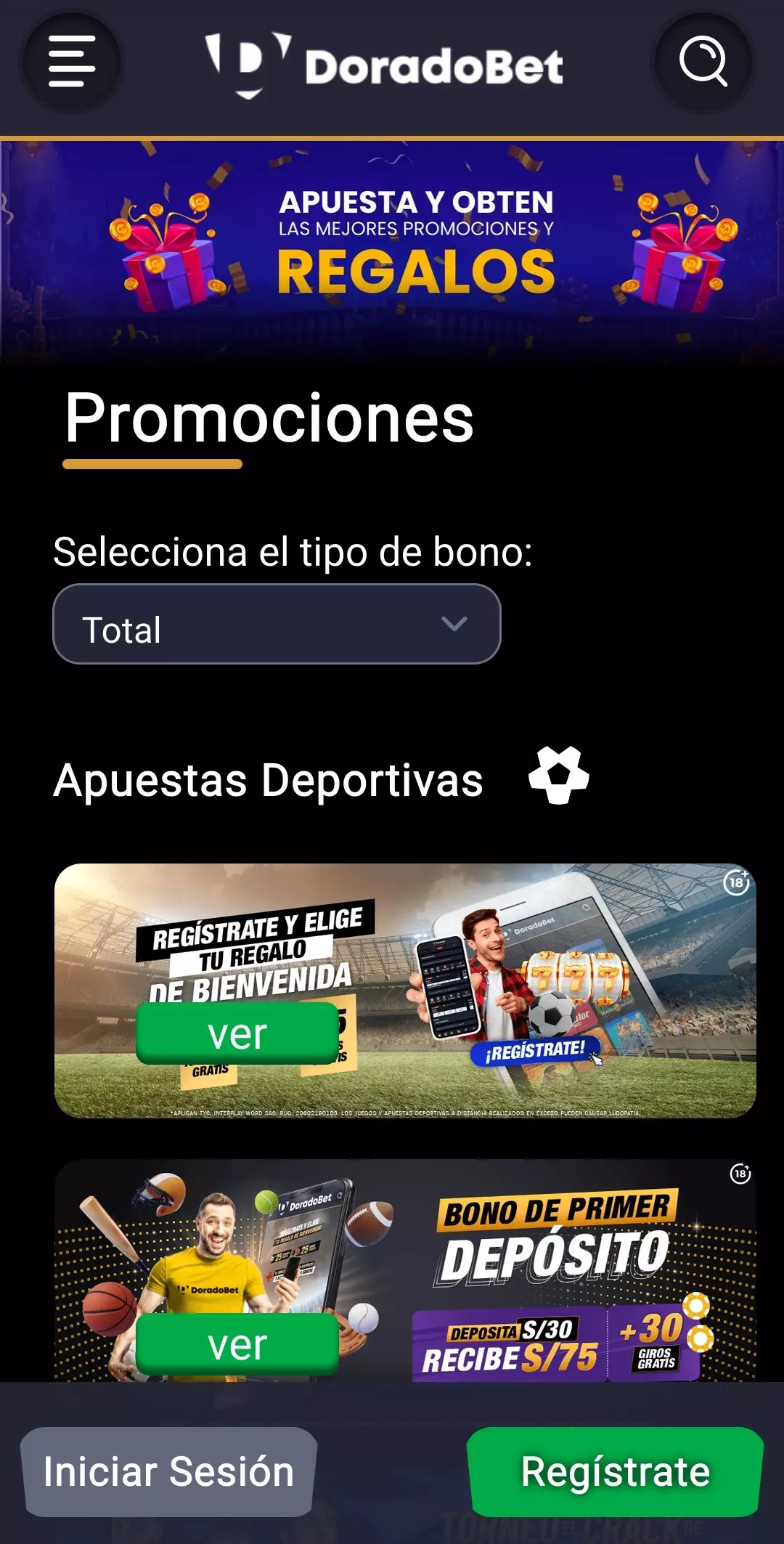 Bonos disponibles en la aplicación Doradobet