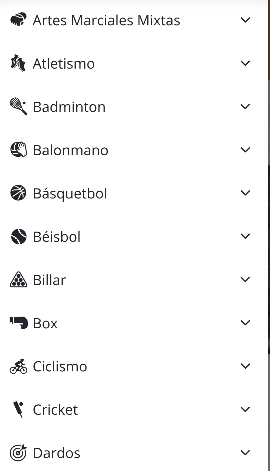 Disciplinas deportivas en la aplicación móvil de Betsson