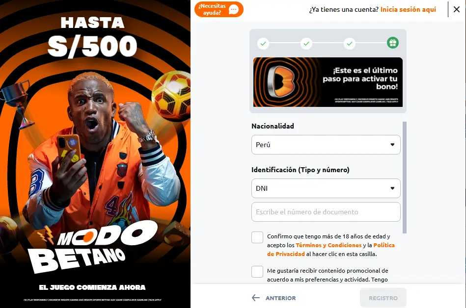 El cuarto paso para registrarse en Betano