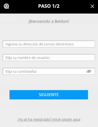El primer paso para registrarse en Betiton