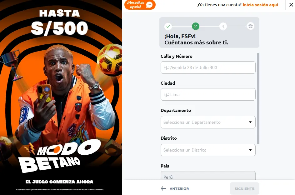 El segundo paso para registrarse en Betano