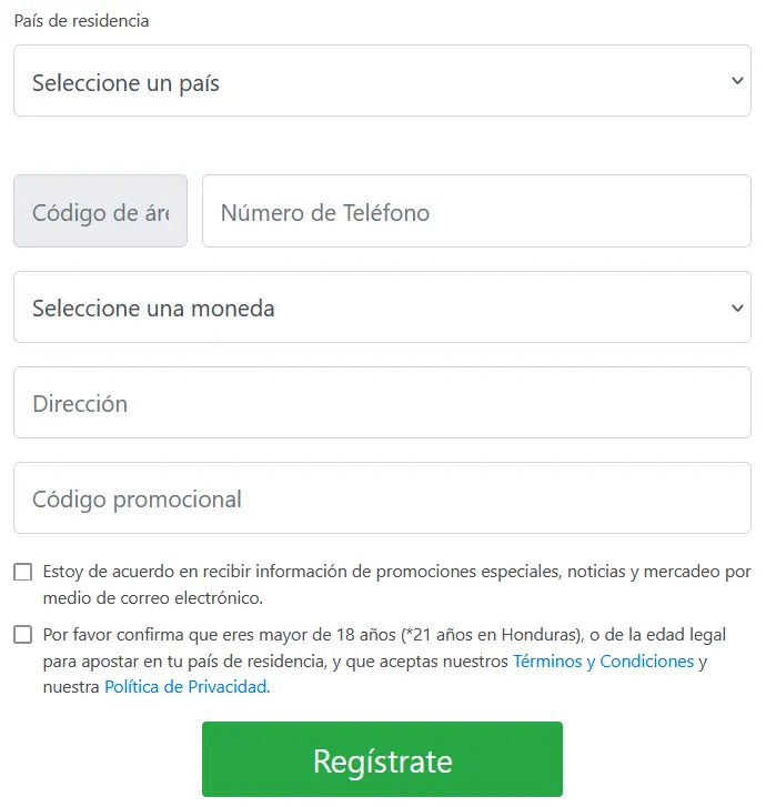 El segundo paso para registrarse en Betcris