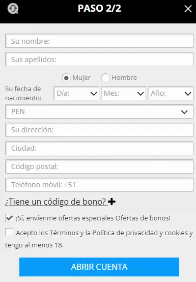 El segundo paso para registrarse en Betiton