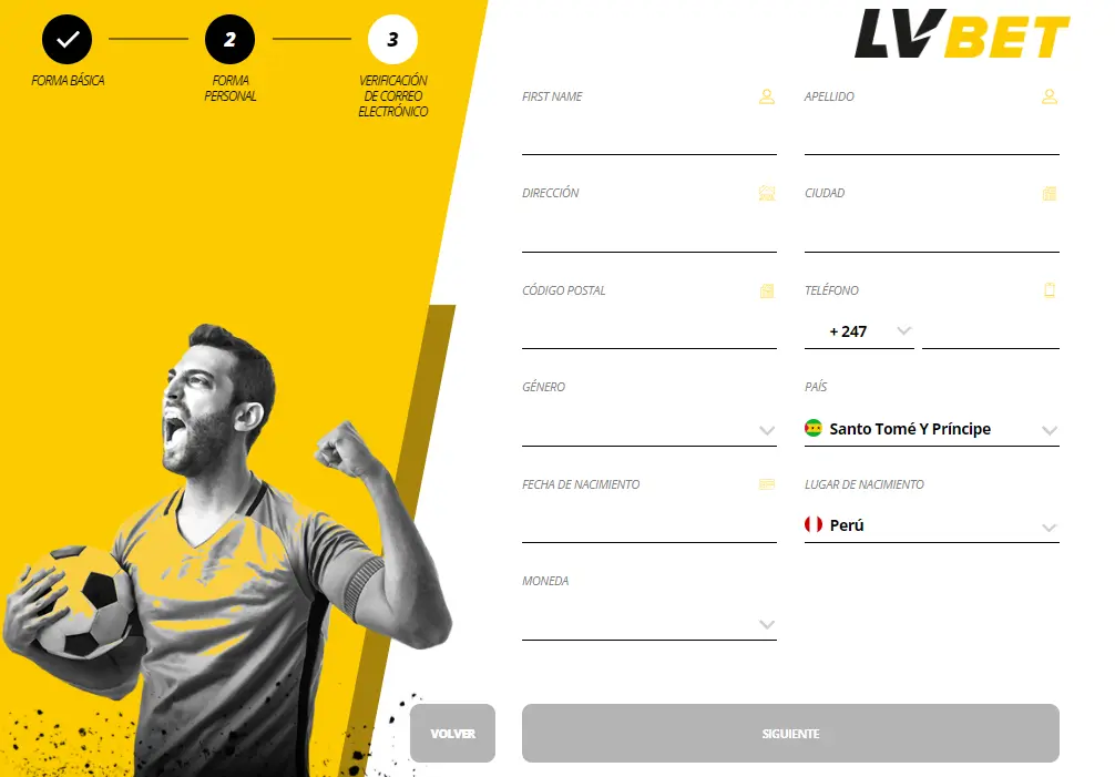 El segundo paso para registrarse en LV Bet