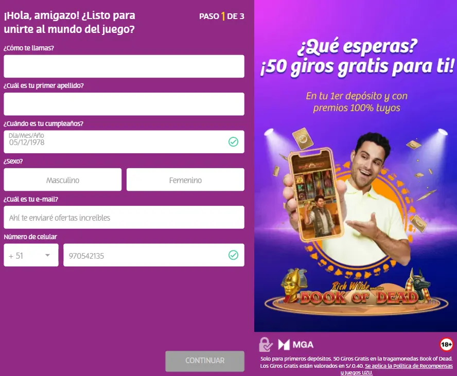 El segundo paso para registrarse en PlayUZU