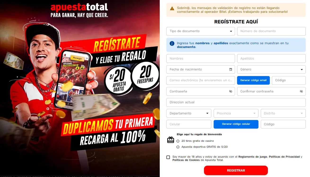 Formulario de registro de Apuesta Total