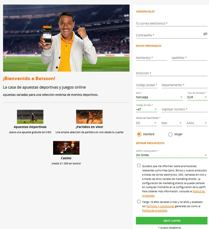 Formulario de registro de Betsson