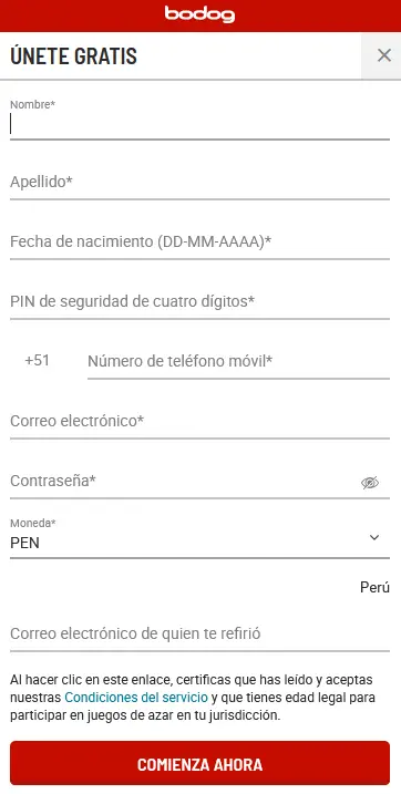 Formulario de registro de Bodog