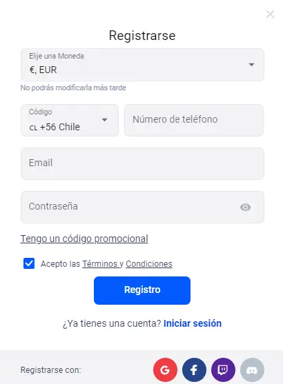 Formulario de registro de CyberBet