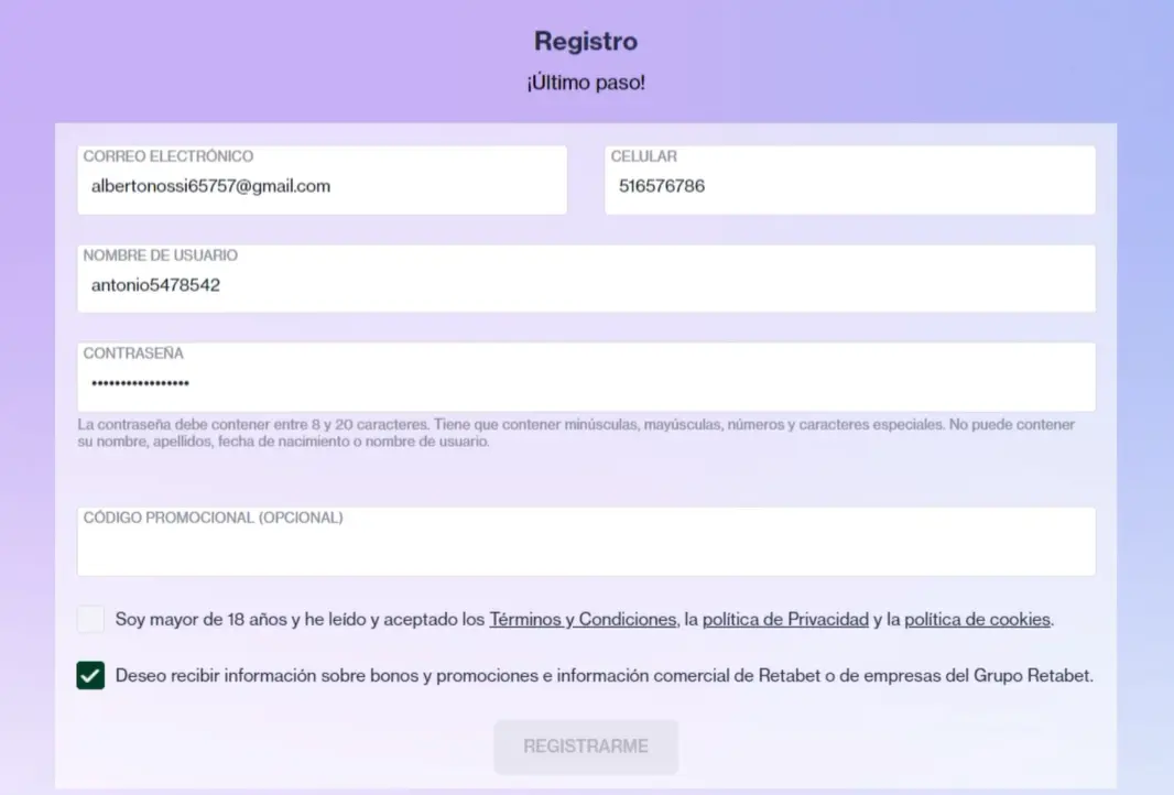 Inscripción en Retabet - Paso 2