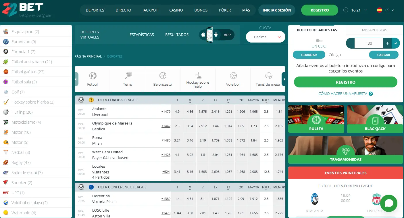 Página de inicio en 22Bet