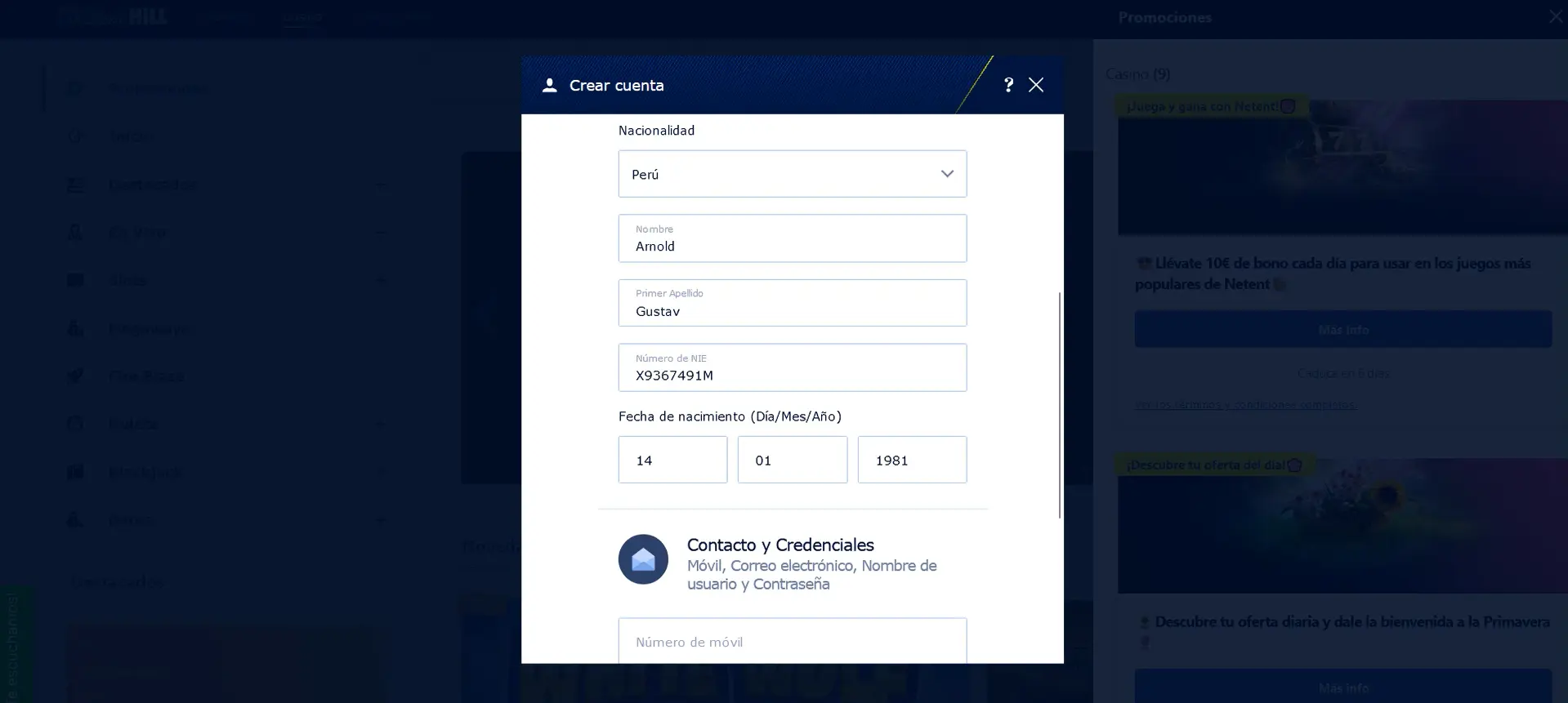 Registrarse en William Hill - Paso 1
