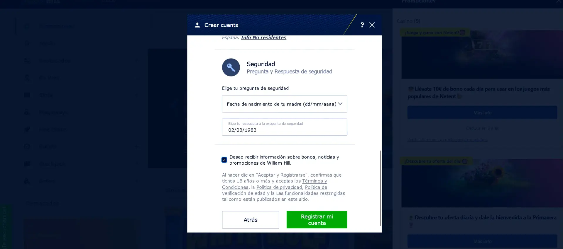 Registrarse en William Hill - Paso 4