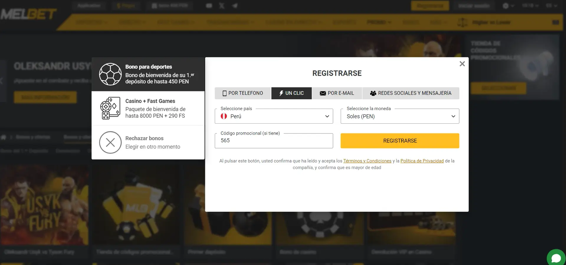 Registro con un solo clic en MelBet