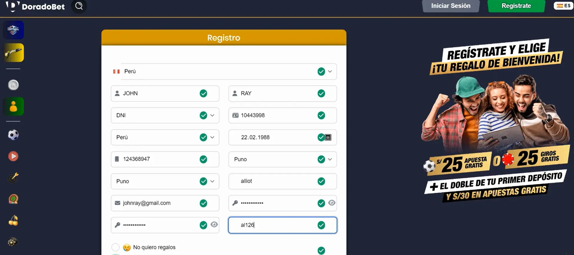 Registro en Doradobet