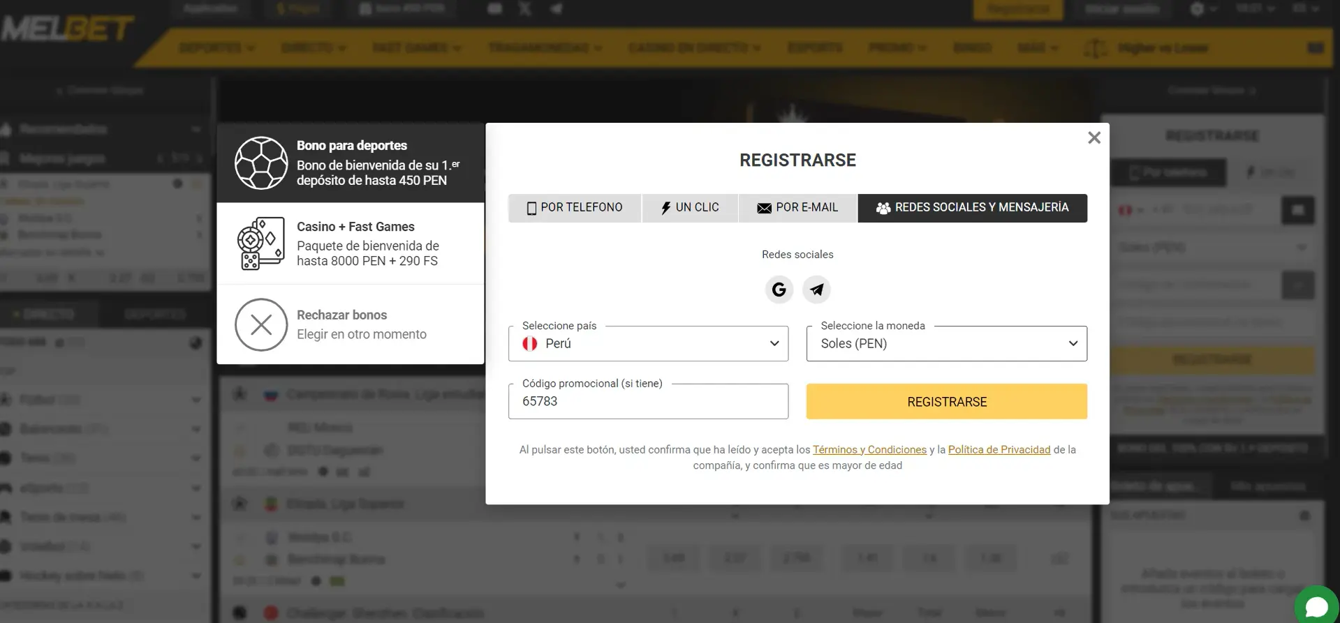 Registro en MelBet a través de redes sociales y mensajería