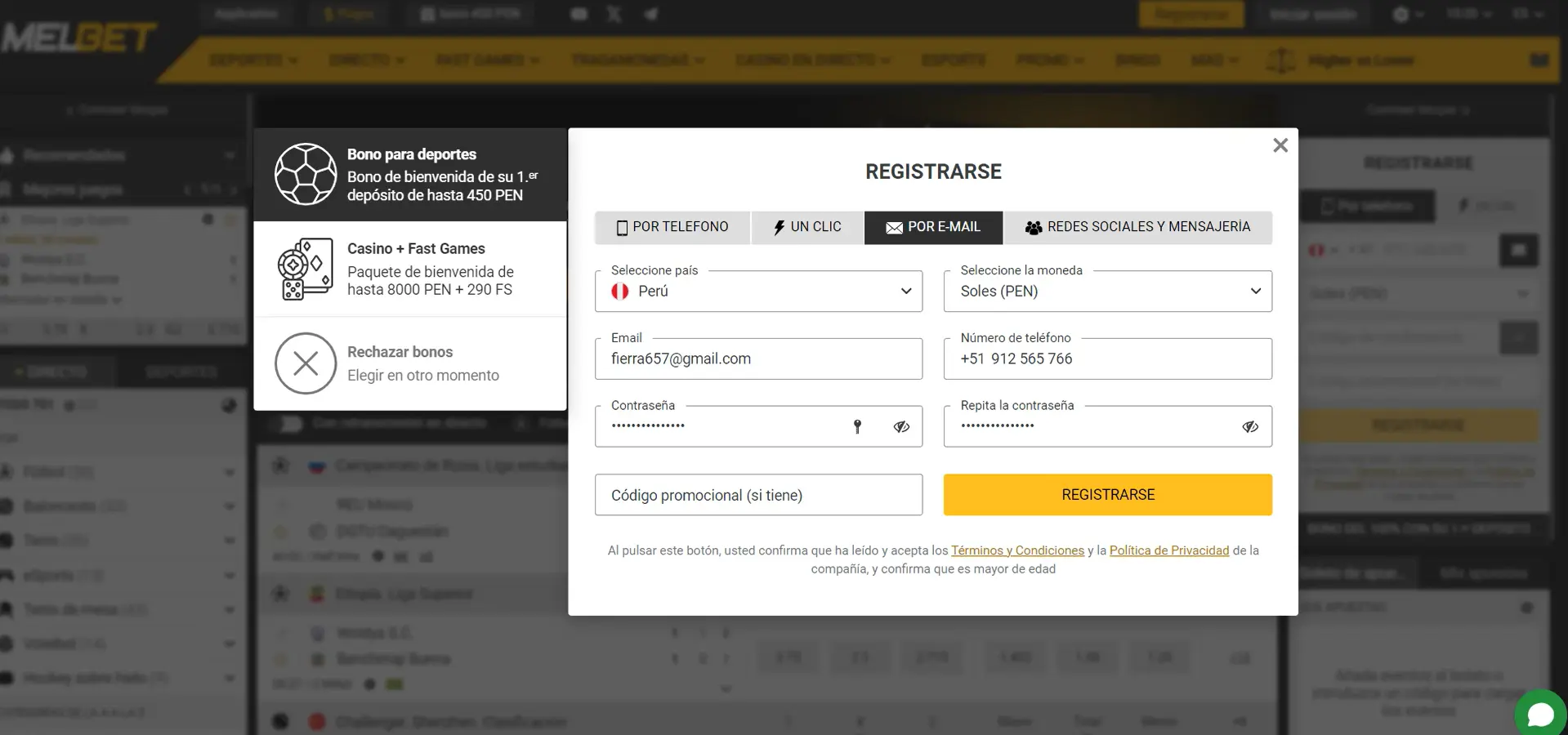 Registro en MelBet por correo electrónico