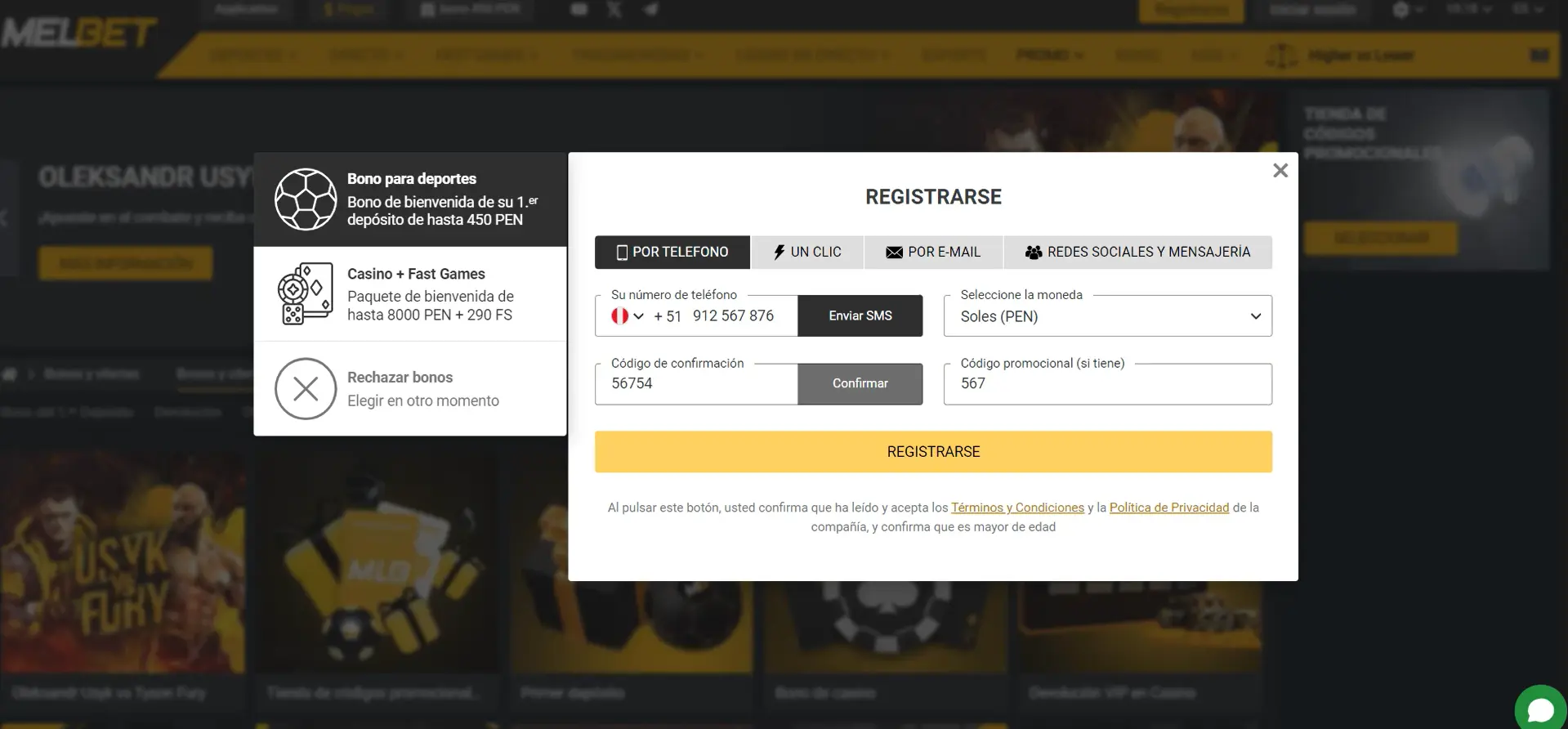 Registro en MelBet por teléfono