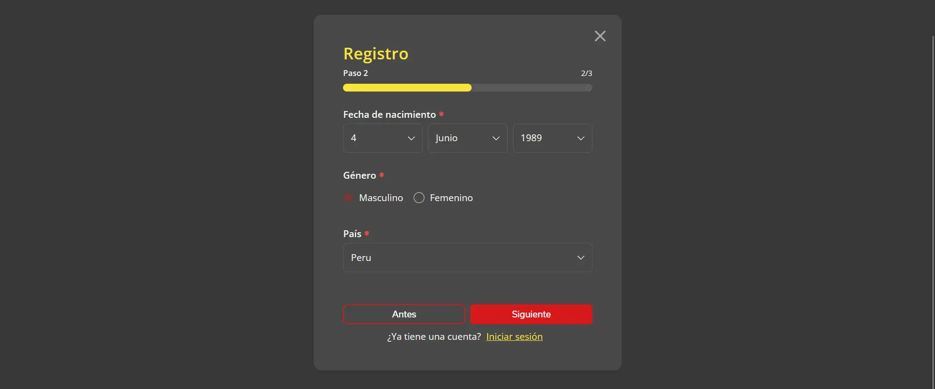 Registro en Solbet - Paso 2