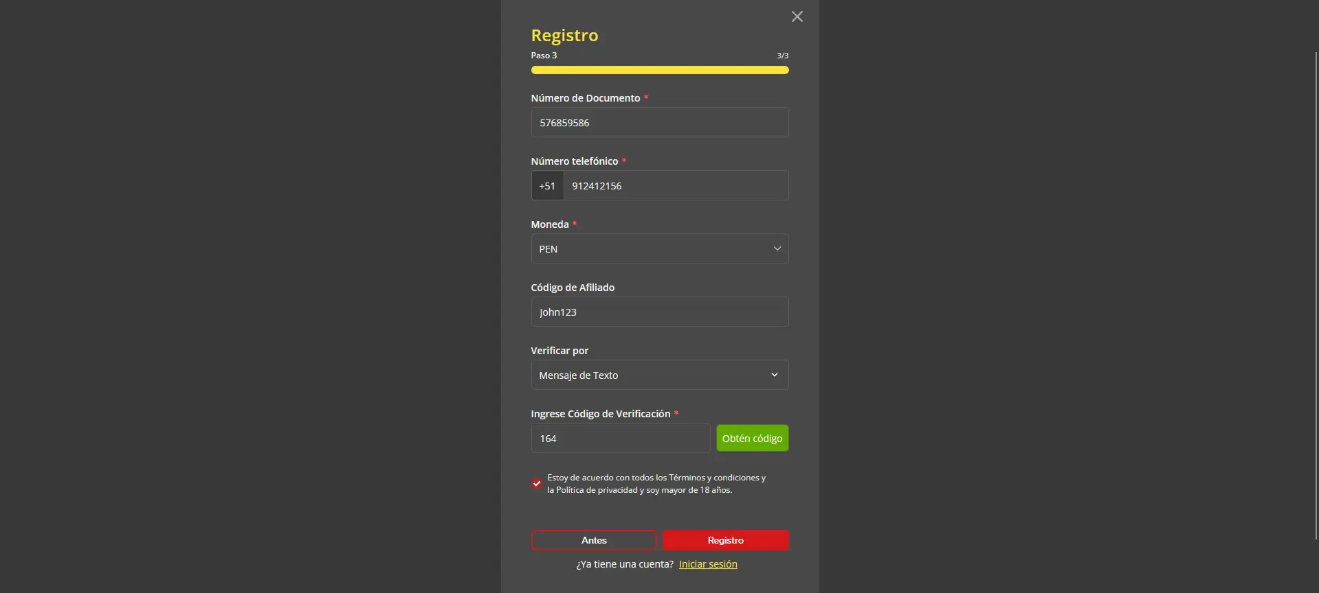 Registro en Solbet - Paso 3