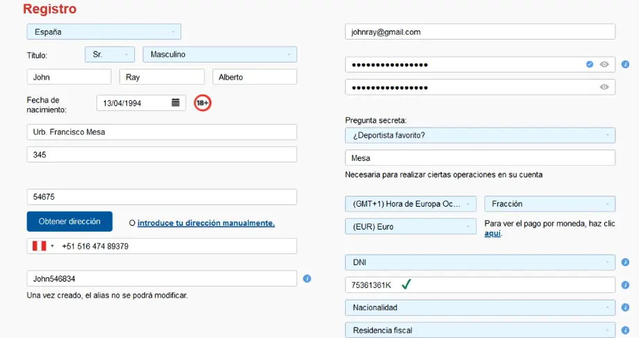 Registro en formulario Marathonbet