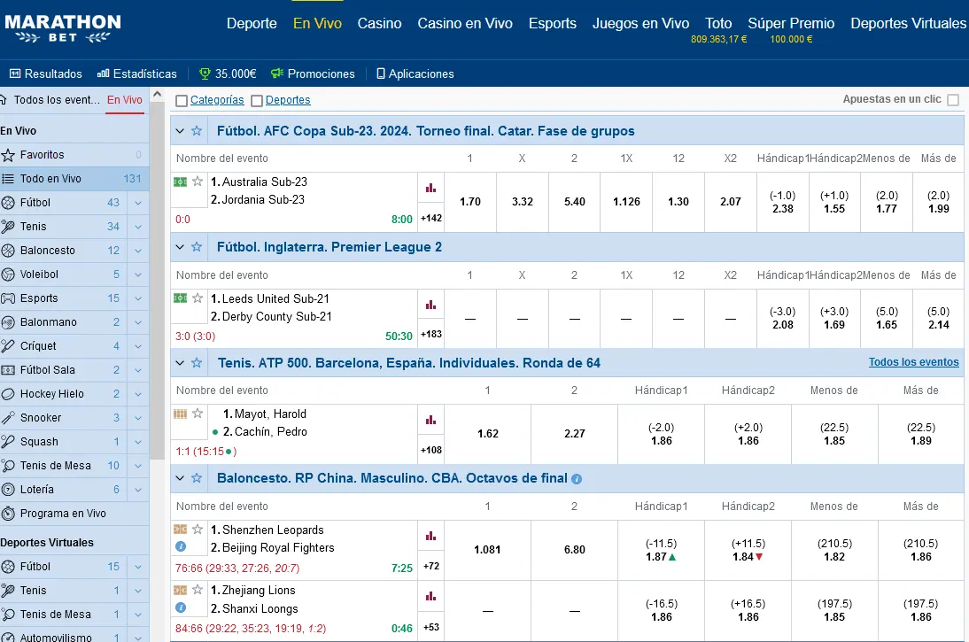 Sección En Vivo en Marathonbet
