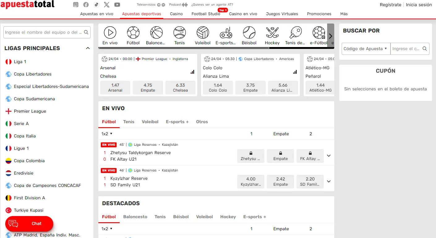 Sección en vivo en Apuesta Total