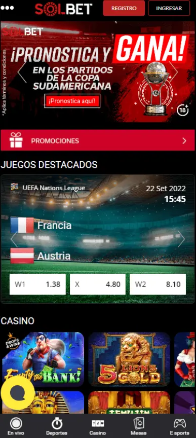 Versión móvil del sitio web de Solbet