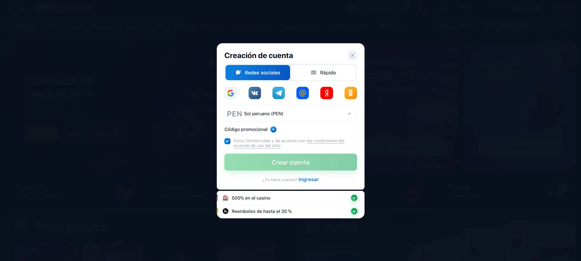 Instrucciones paso a paso para registrarte a través de las redes sociales en 1Win