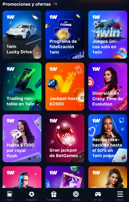 Bonificaciones disponibles en la aplicación 1Win
