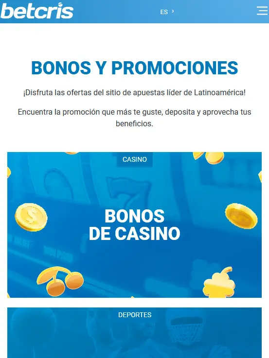 Bonificaciones disponibles en la aplicación Betcris