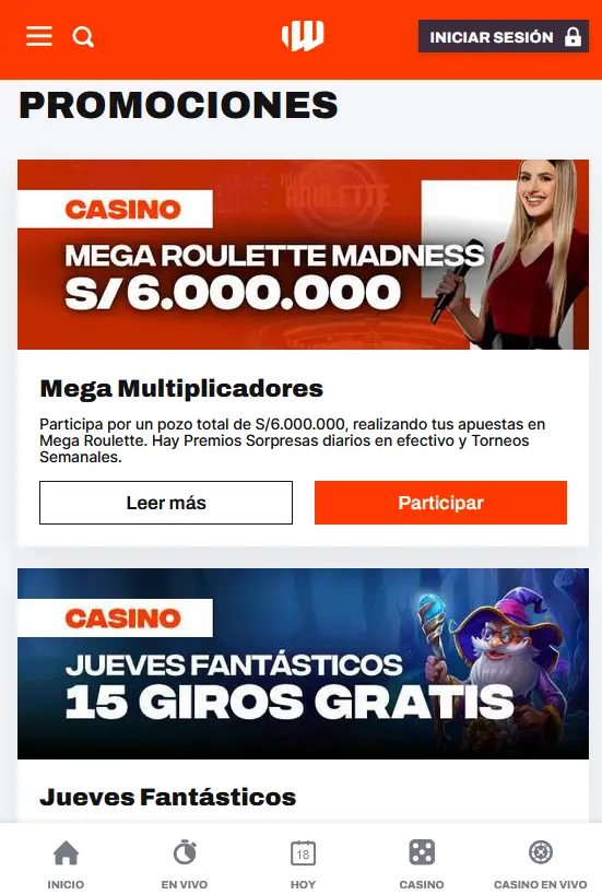 Bonificaciones disponibles en la aplicación Betwarrior