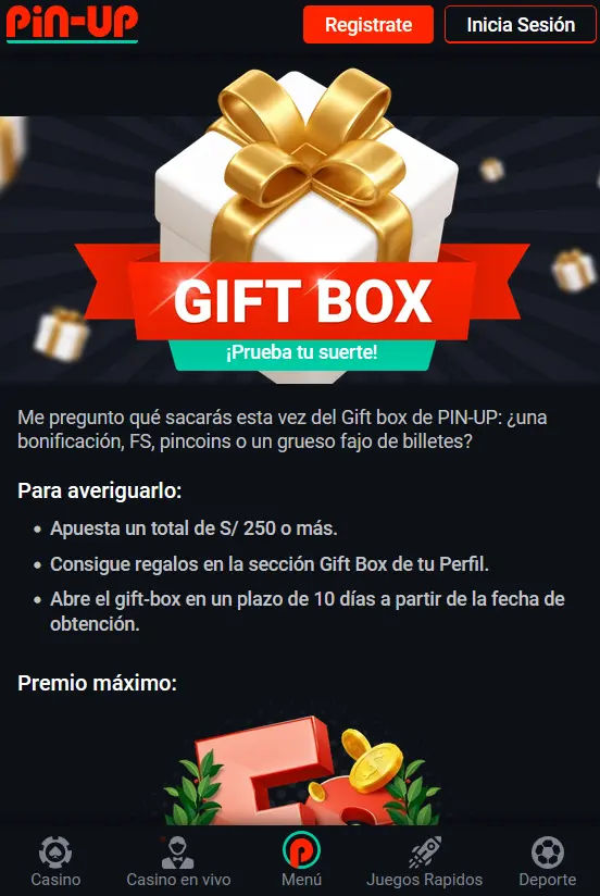 Bonificaciones disponibles en la aplicación Pin Up