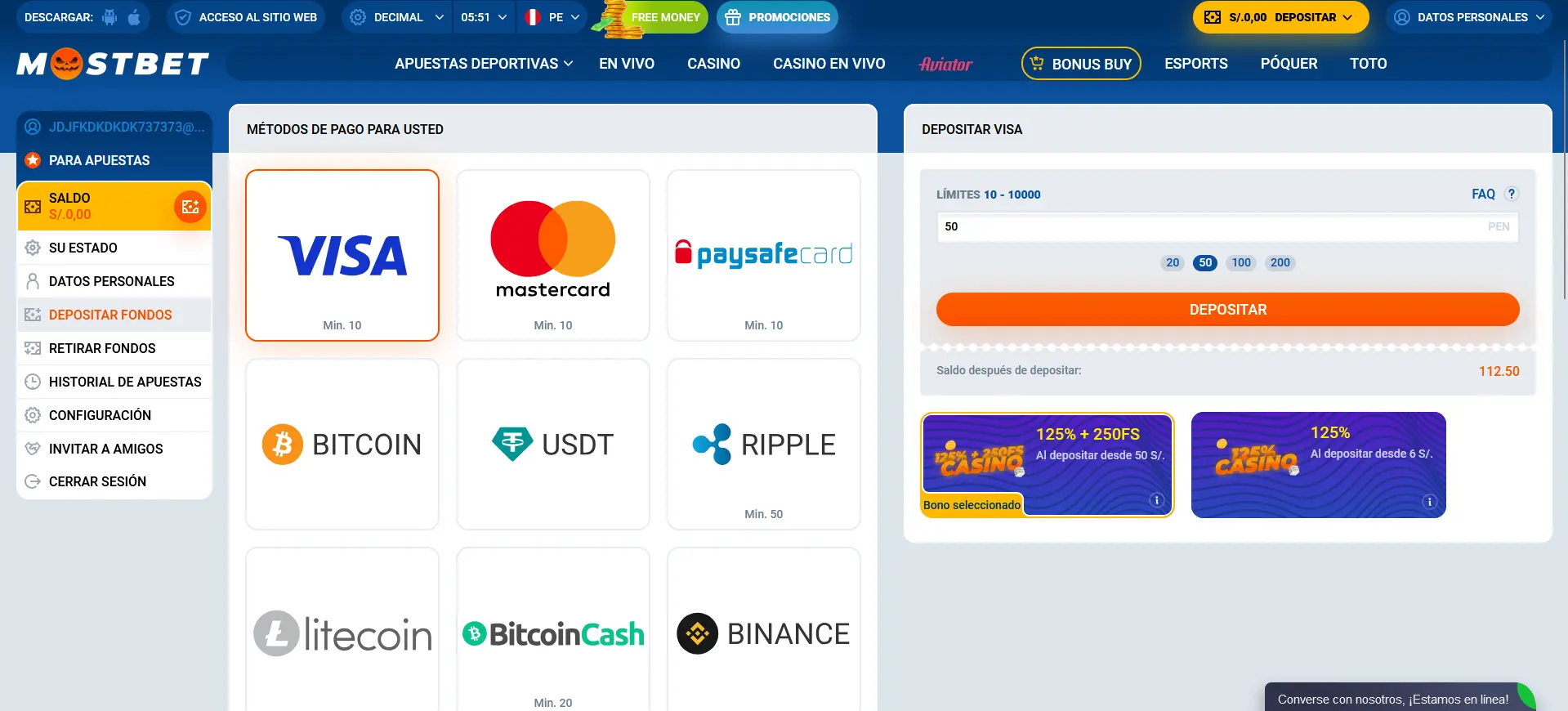 Depositar y Retirar en Mostbet en Perú